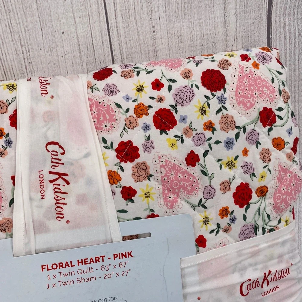 Cath Kidston Floral Heart Quilt Set Twin Pink Cotton Percale Bedding Cottagecore